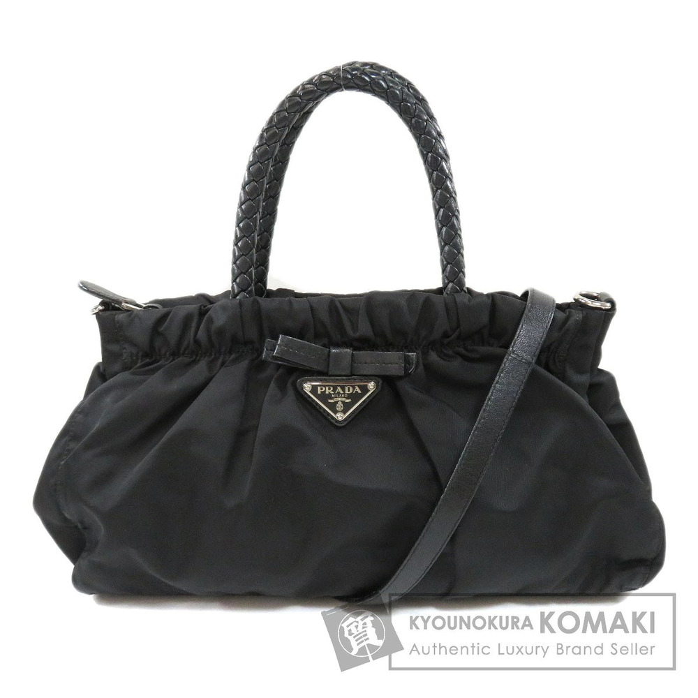 Prada Tessuto Bow Bag ruched braided top handles front bow Black